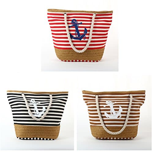 Grand sac fourre-tout rayé en toile avec corde pour les anses, imprimé ancre sur devanture avec rayures marines marron ou rouge