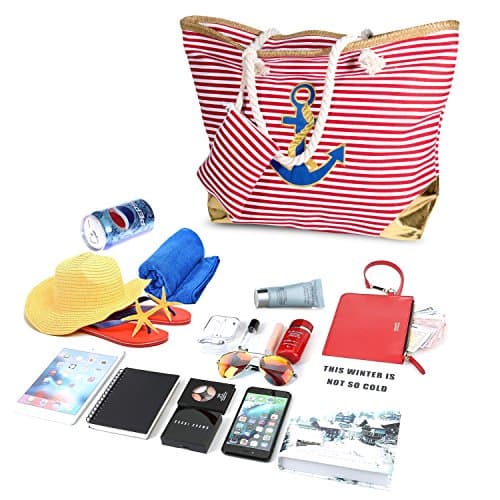 Sac de plage ancre, rayé rouge avec détails or et grosses anses en corde