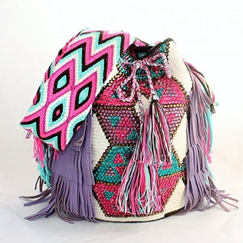 Sac colombien Wayuu fait main aux motifs tribaux, Rose et coloré
