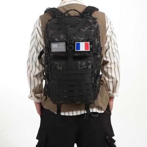 Sac à dos tactique camouflage noir 50L avec patches drapeaux