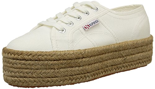 Baskets en toile blanche casual et chic Superga avec plate forme extra large façon espadrille en paille tressée