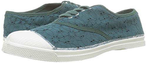 Baskets Bensimon en toile brodée macramée vert foncé avec lacets