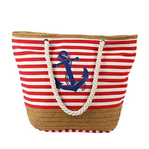 Grand sac fourre-tout rayé en toile avec corde pour les anses, imprimé ancre sur devanture