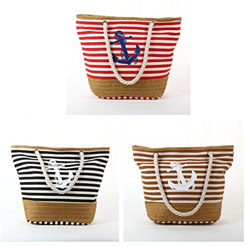 Grand sac fourre-tout rayé en toile avec corde pour les anses, imprimé ancre sur devanture avec rayures marines marron ou rouge
