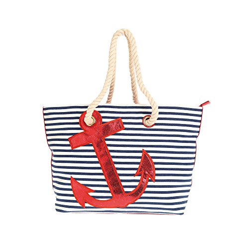 Grand sac fourre tout rayé bleu avec ancre rouge Venca