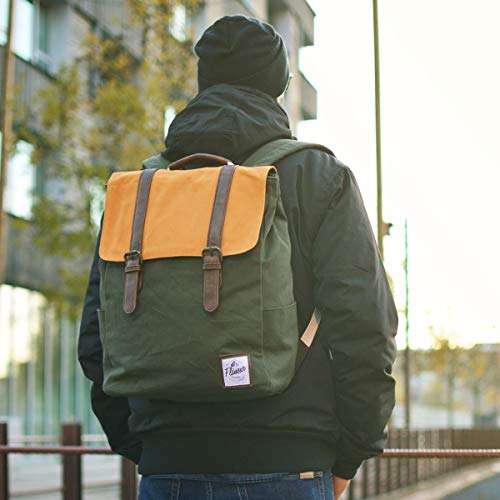 Sac à dos jaune moutarde et vert Flâneur Part Dieu pour laptop 13 pouces en toile coton