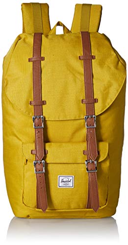 Sac à dos jaune moutarde vintage Herschel avec lanières cuir et poches jumelles