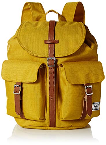 Sac à dos jaune moutarde vintage Herschel avec lanières cuir et poches jumelles de petite capacité 13 litres