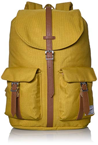 Sac à dos jaune moutarde vintage Herschel avec lanières cuir et poches jumelles de capacité 23.5 litres