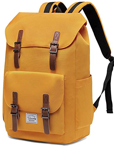 Sac à dos jaune moutarde vintage Vaschy avec lanières cuir et bretelles rembourrées pour ordinateur 15,6 pouces