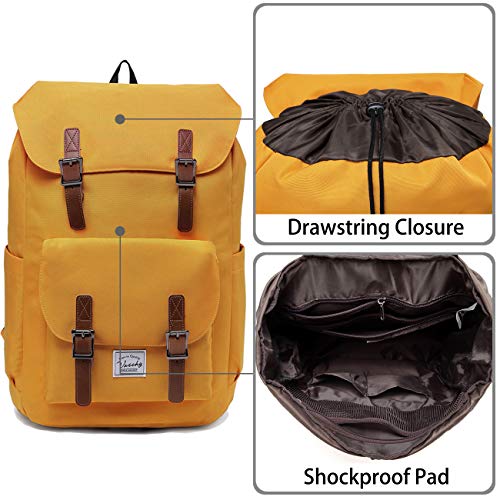 Sac à dos jaune moutarde vintage Vaschy avec lanières cuir et bretelles rembourrées hydrofuge