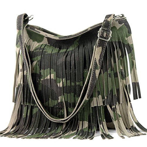 Sac à main frangé imprimé camouflage pour femme en daim