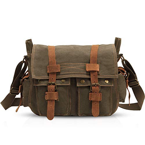 Sac bandoulière 14 pouces en toile verte avec poches, style baroudeur ou étudiant Fandare