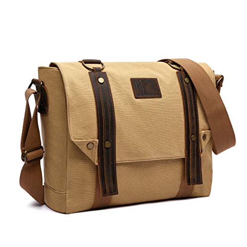 Sac bandoulière cuir Pu et toile canvas pour ordinateur 16 pouces, style épuré