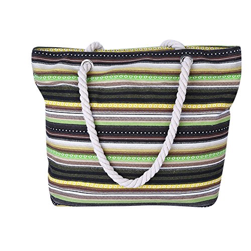 Sac de plage rayé coloré vert jaune marron et noir avec anses en cordes