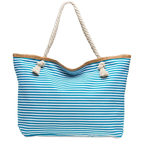 Sac de plage rayé turquoise Caspar avec anses en cordage