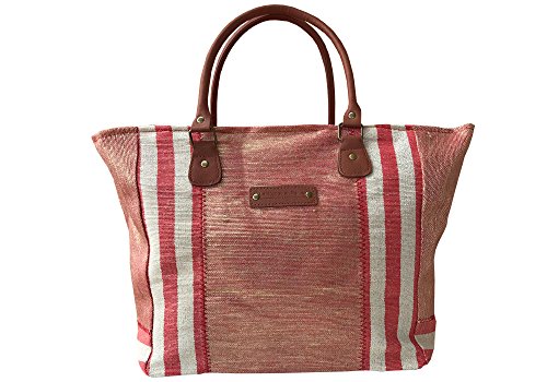 Sac cabas rayé rouge et beige en toile, le voyage en panier