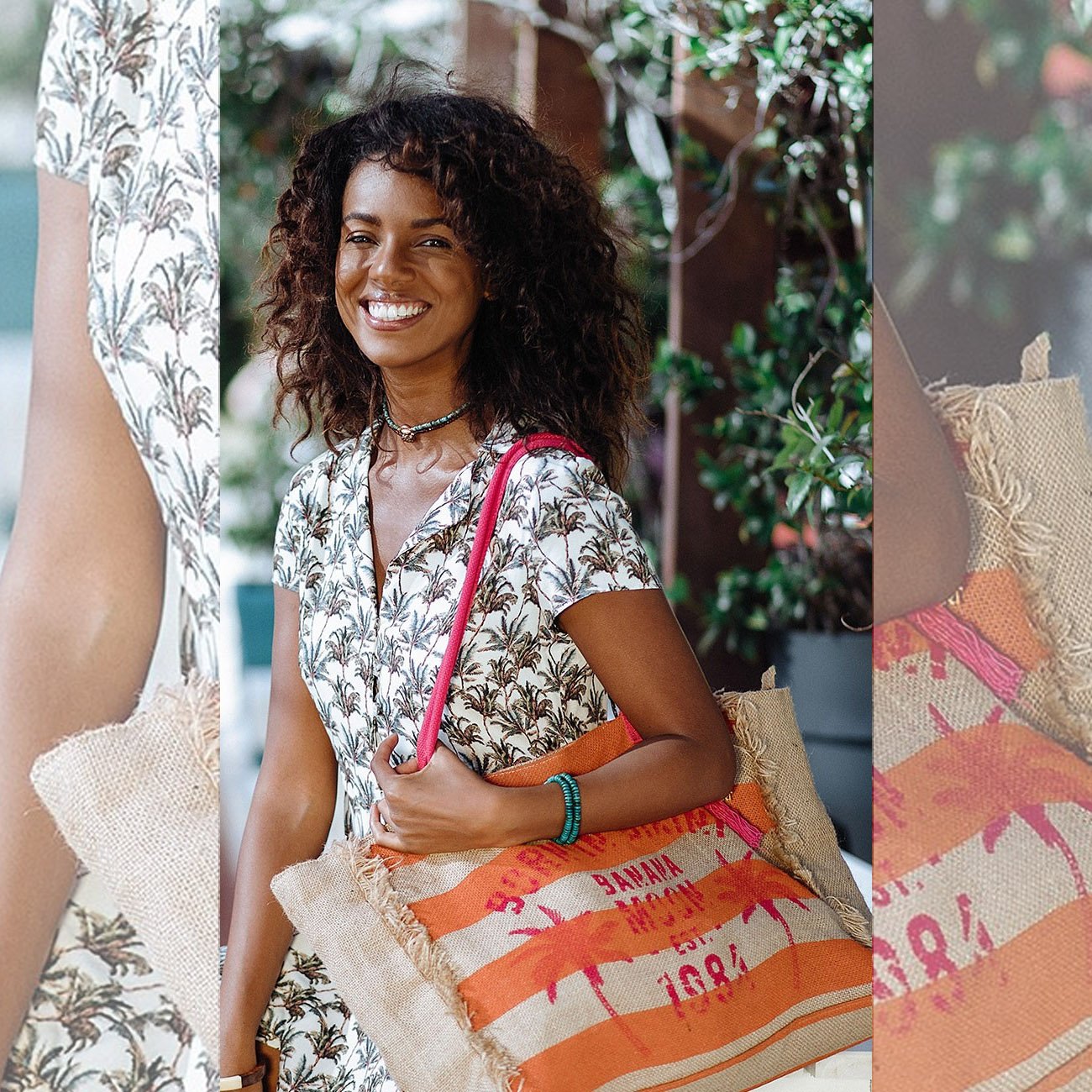 Sac de plage Banana Moon en toile rayé beige et orange