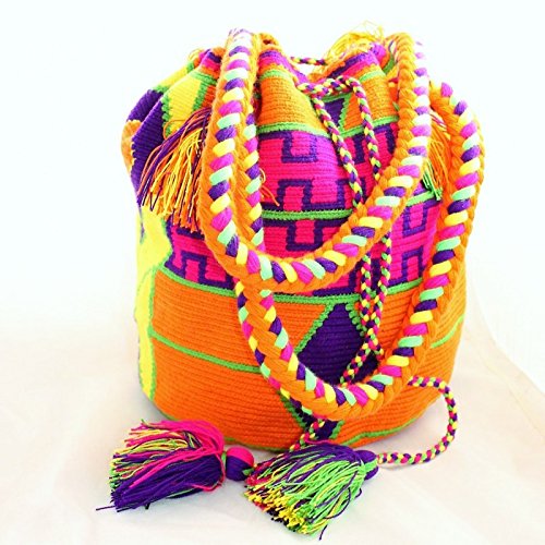 Sac colombien Wayuu fait main aux motifs tribaux, orange et coloré