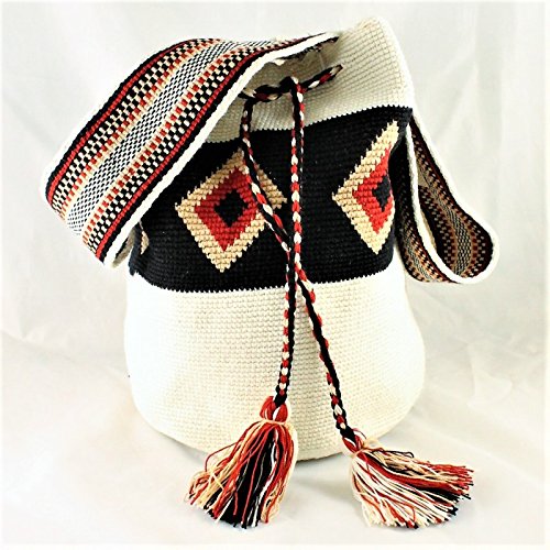 Sac colombien Wayuu fait main aux motifs tribaux, noir et blanc