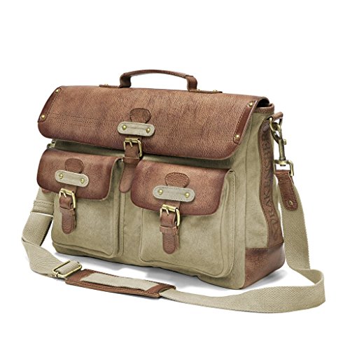 Sacs messenger taile L cuir et toile beige DRAKENSBERG, compartiment ordinateur 15 pouces