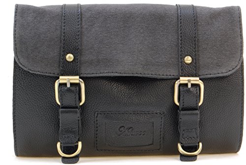 La trousse de toilette homme Ashwood en cuir pleine fleur huilé et toile gris foncé et noir