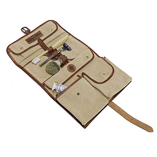 La trousse de toilette homme en toile beige Drakensberg et en cuir pleine fleur qui peut être suspendue