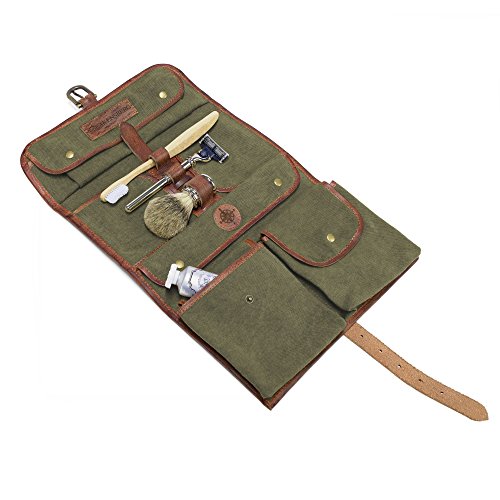 La trousse de toilette homme en toile verte Drakensberg et en cuir pleine fleur qui peut être suspendue