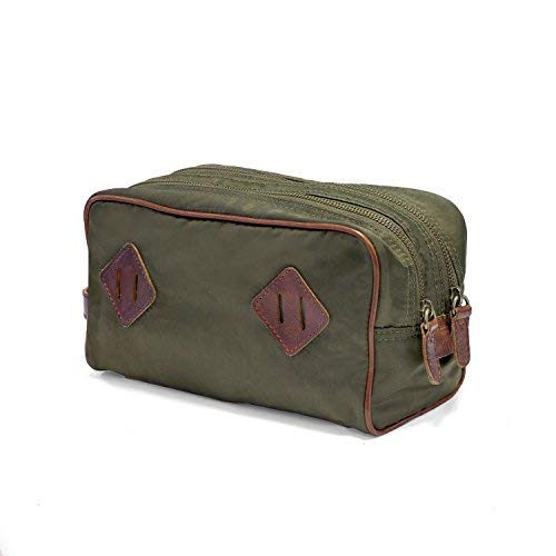 Trousse toilette homme verte et marron toile canvas et cuir de buffle, avec poignée et intérieur plastifié cuir Drakensberg, 15 cm x 26 cm x 11,5 cm , deux compartiments